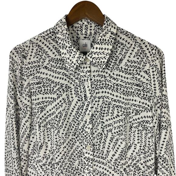 Cabi #3255 | Black & White Print Split Back Long Sleeve Button Down Blouse - Picture 1 of 12